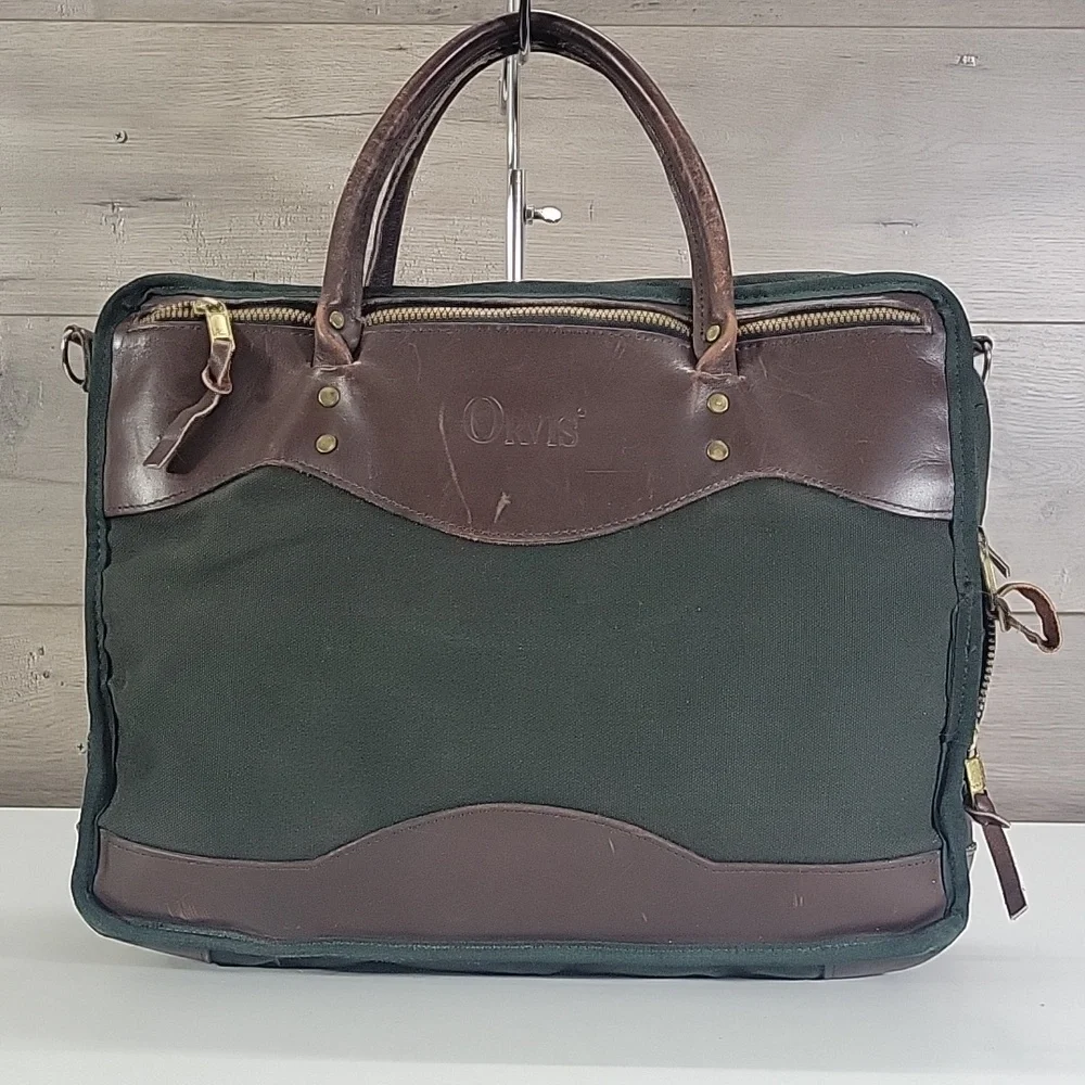 Orvis Green and Brown Canvas Leather Briefcase - Men